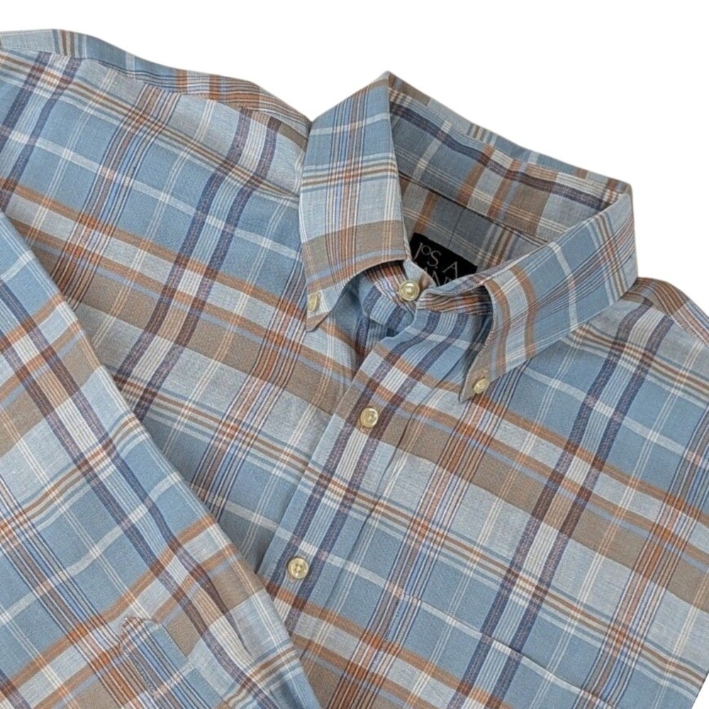 Jos. A. Bank Traveler's Collection Mens Large 100% Linen Plaid Shirt Blue Brown